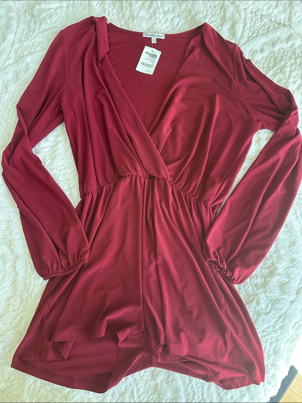 Charlotte Russe Burgundy Long-Sleeve Wrap Romper